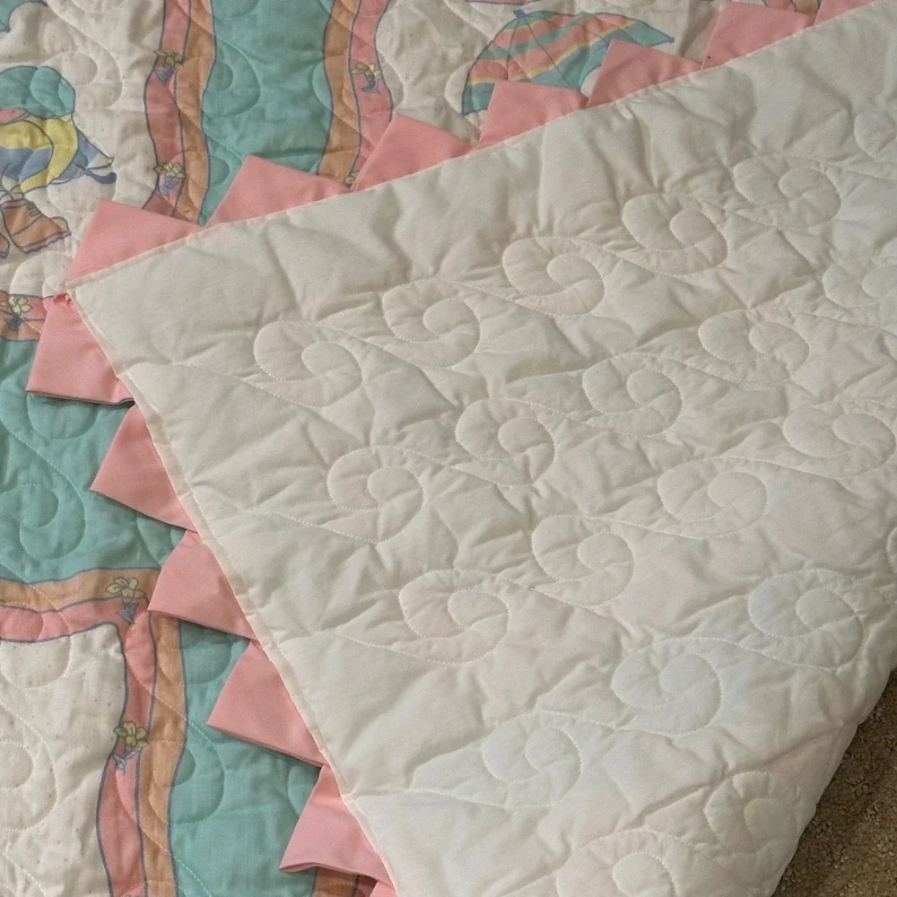 Vintage Pastel Duck Baby Quilt Mint Pink Sawtooth Edge Nursery Blanket 45x52